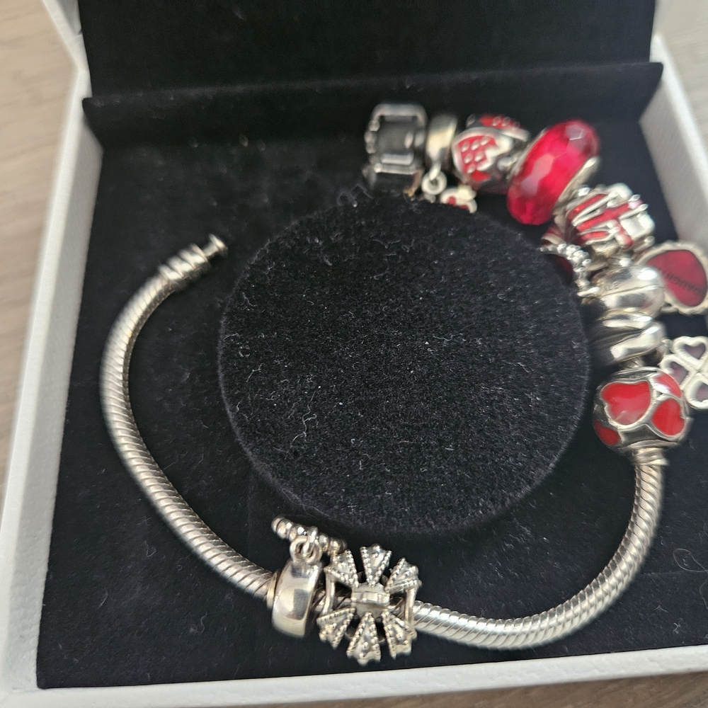 Pandora Silver and Red Charm Bracelet with European Design